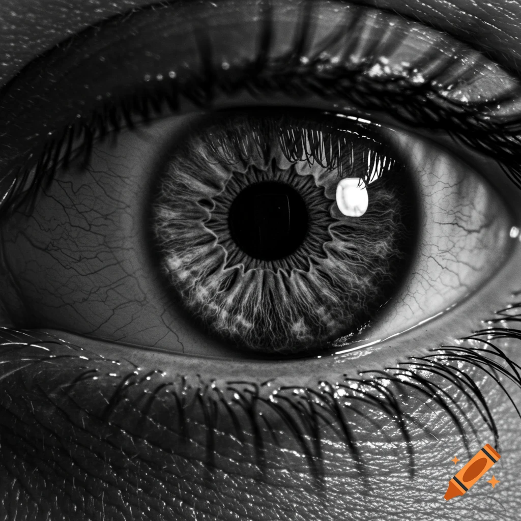 Close-up black and white photo of a human eye.