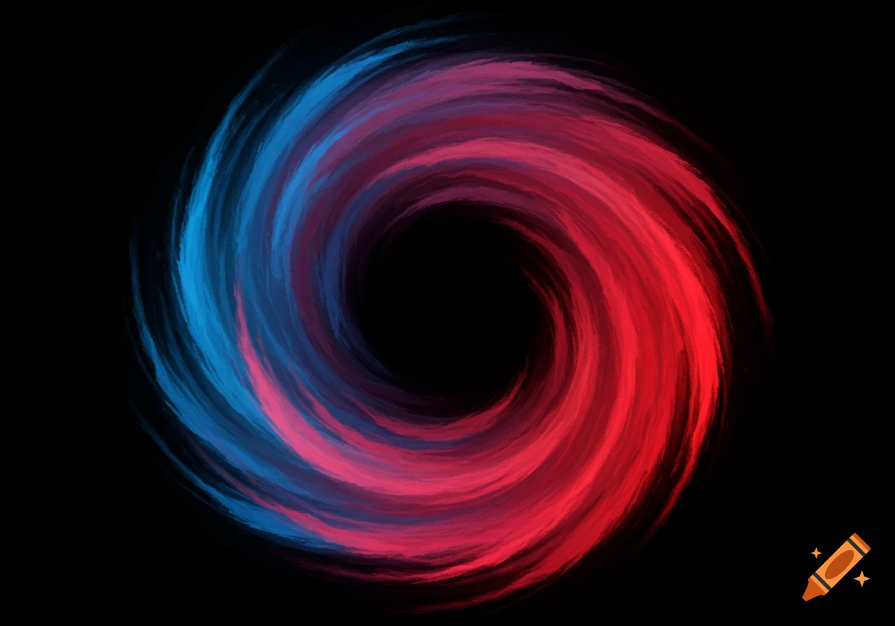 Abstract red and blue swirling vortex on a black background