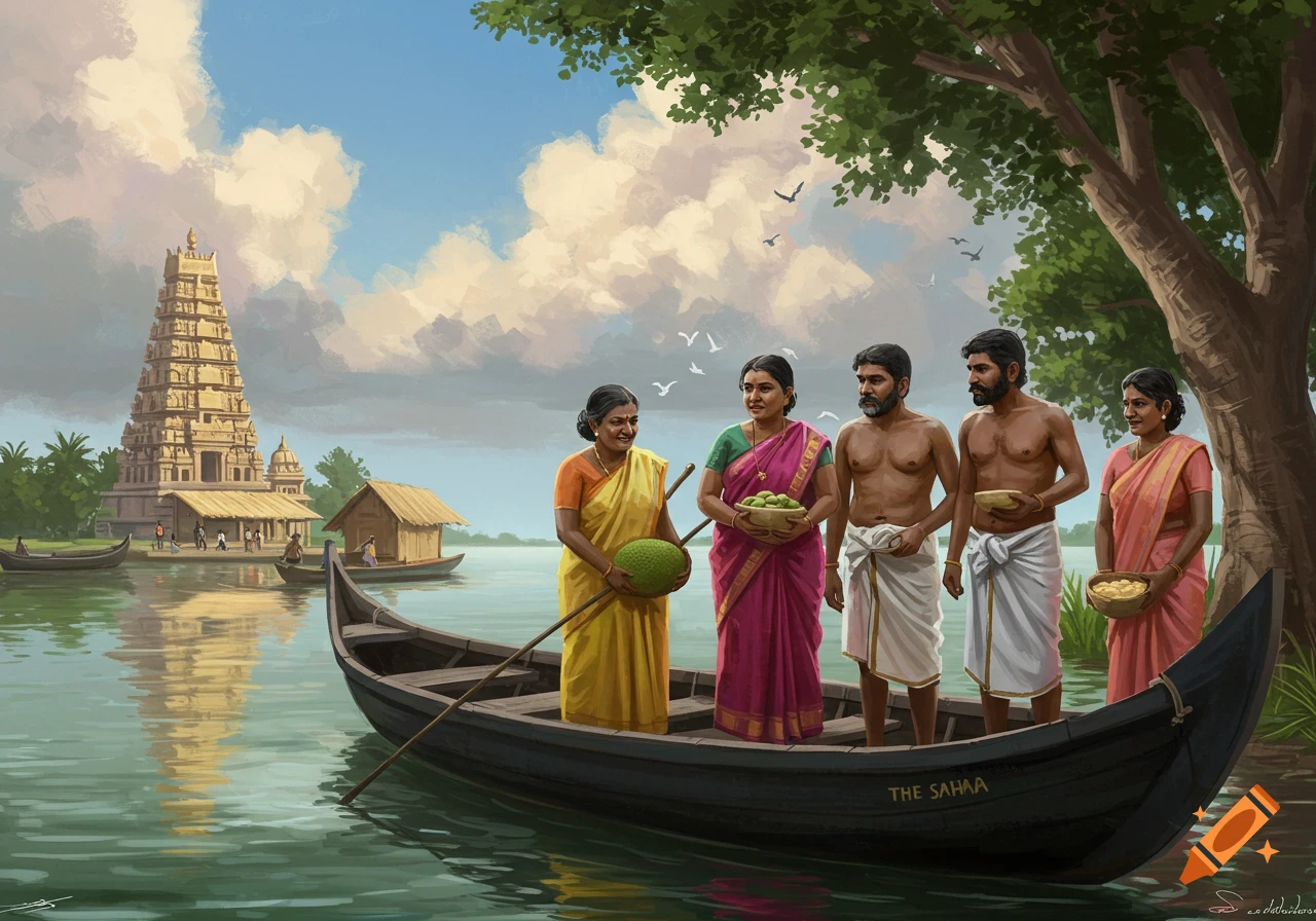Digital painting of people with harvest in a boat near a temple on the water.