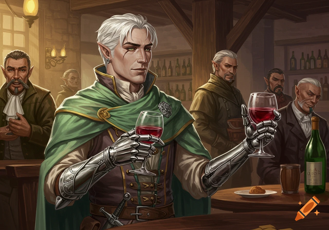 Fantasy illustration of an elf-like man with a metal hand holding wine in a medieval tavern with other patrons.