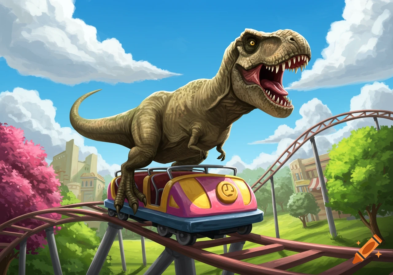 A large Tyrannosaurus Rex riding a pink and yellow roller coaster car on a track.