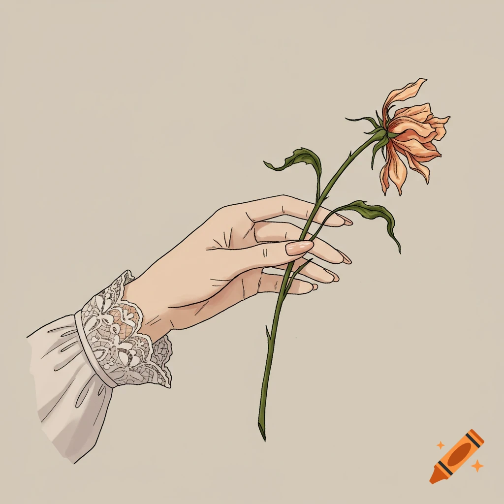 Doodle illustration of a hand in a lace sleeve holding a withered flower.