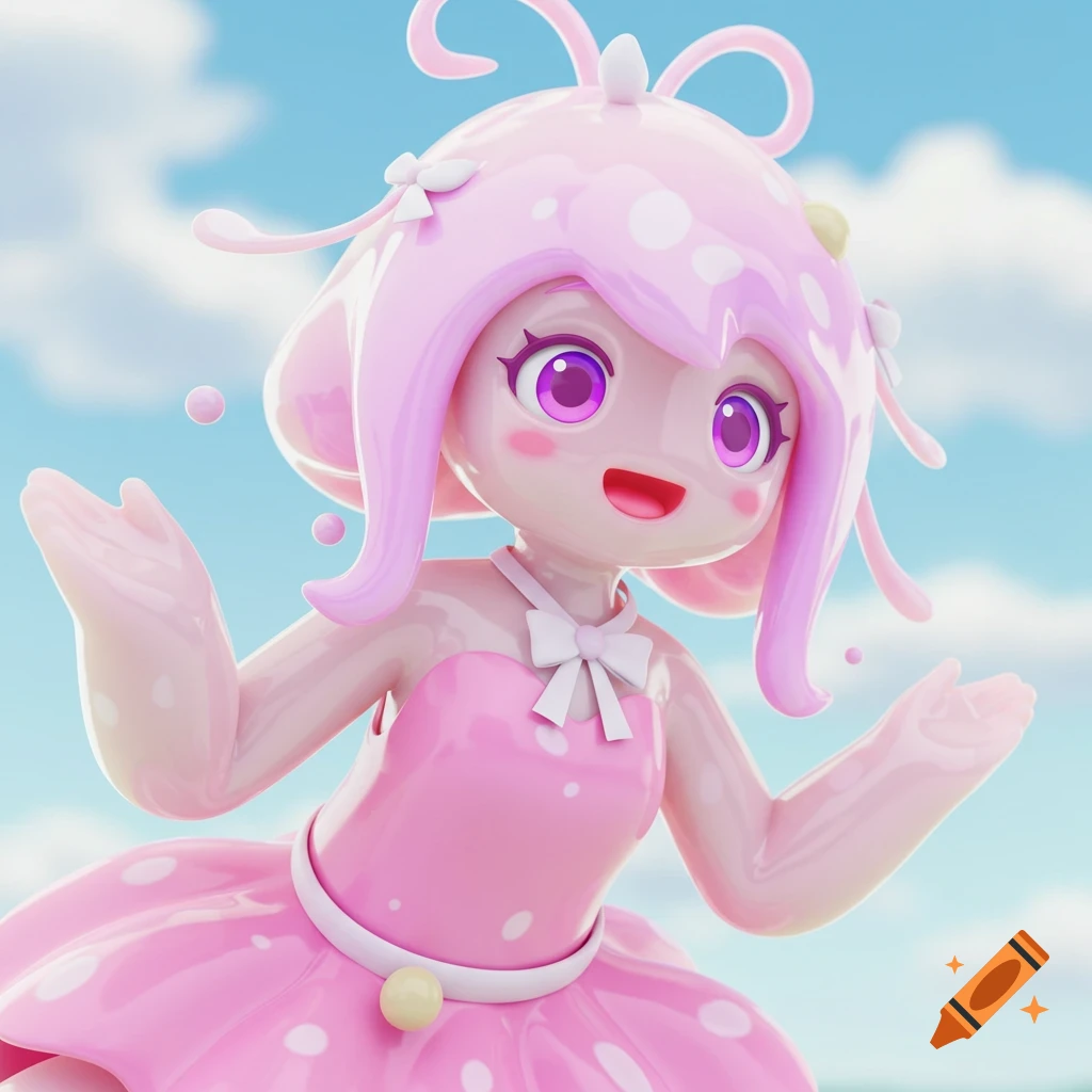 A cute pink 3D rendered anime girl character with purple eyes and a pink polka dot dress stands outdoors.