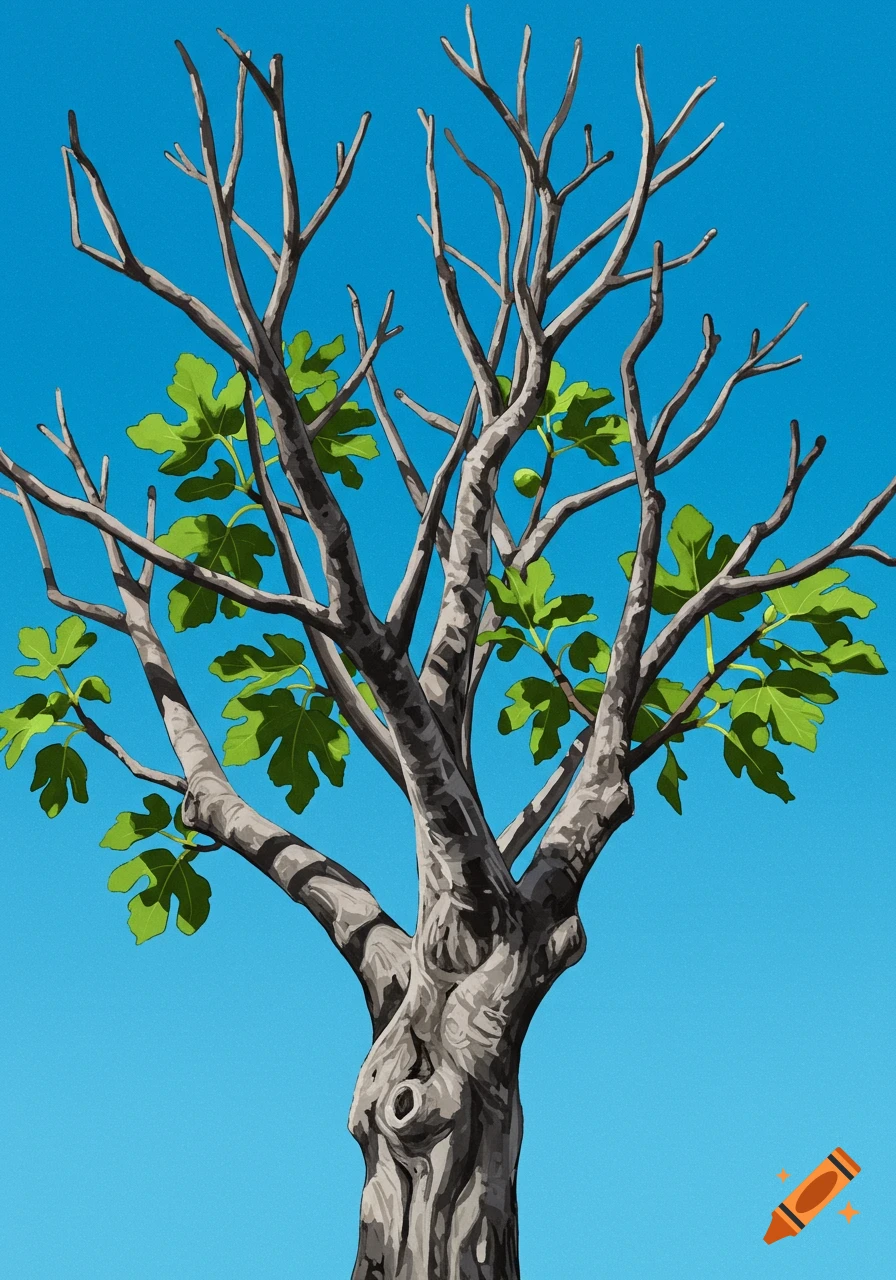 Illustration of a fig tree with green leaves against a blue sky.