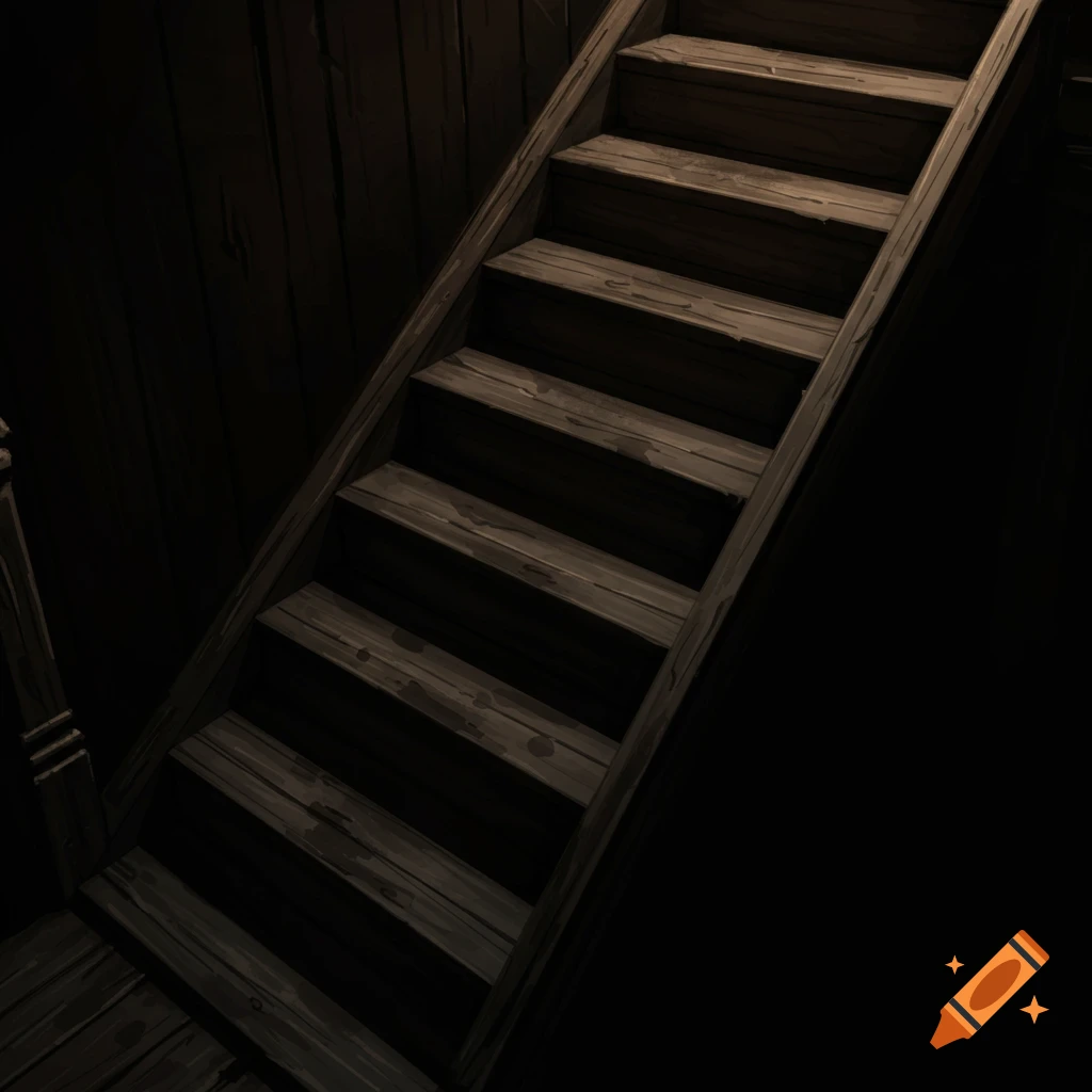 Dark, weathered wooden stairs leading upwards in a dungeon setting.