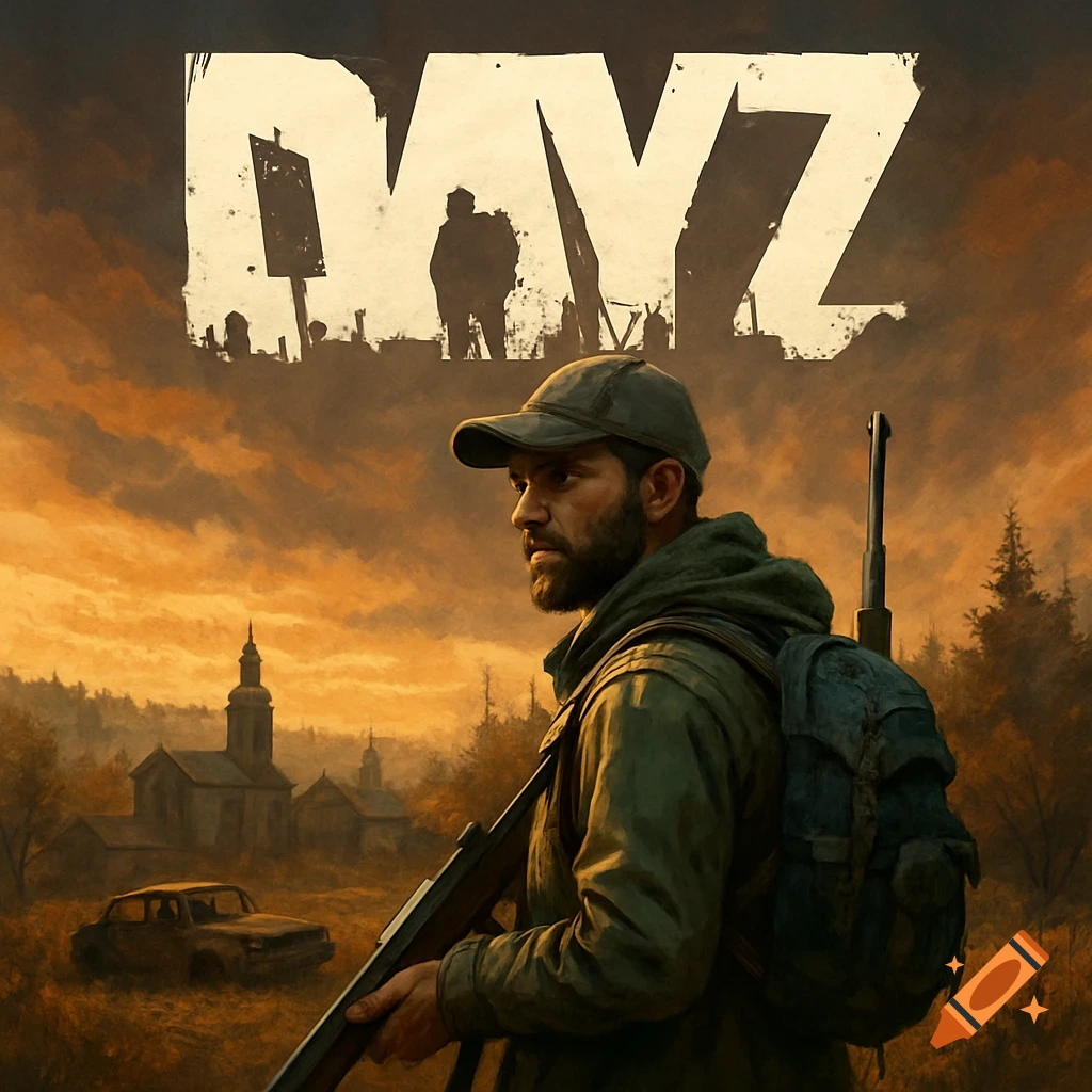 Dayz thumbnail art featuring a man with a rifle in a post-apocalyptic landscape with a ruined church, car, and forest under an orange sky.