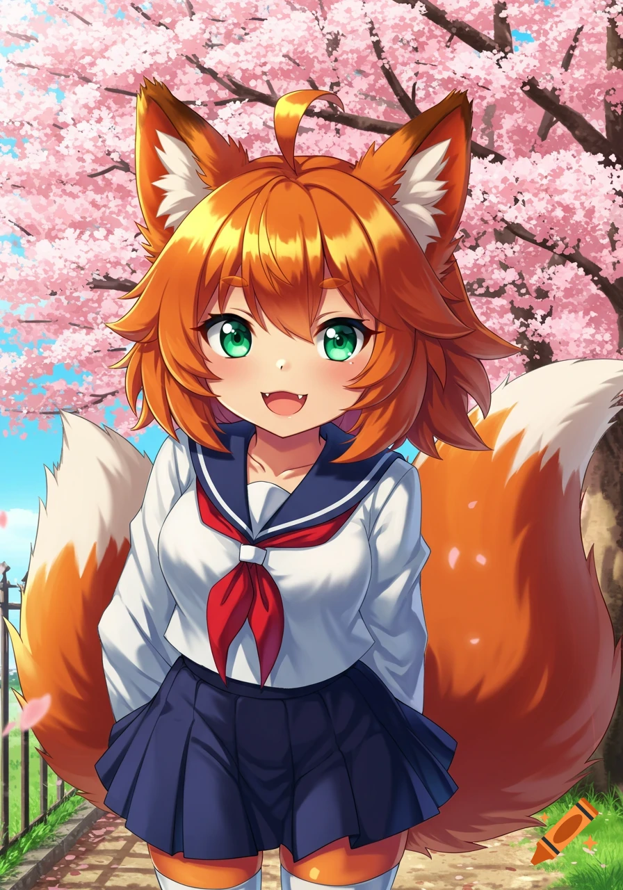 Anime fox girl in school uniform under cherry blossoms.