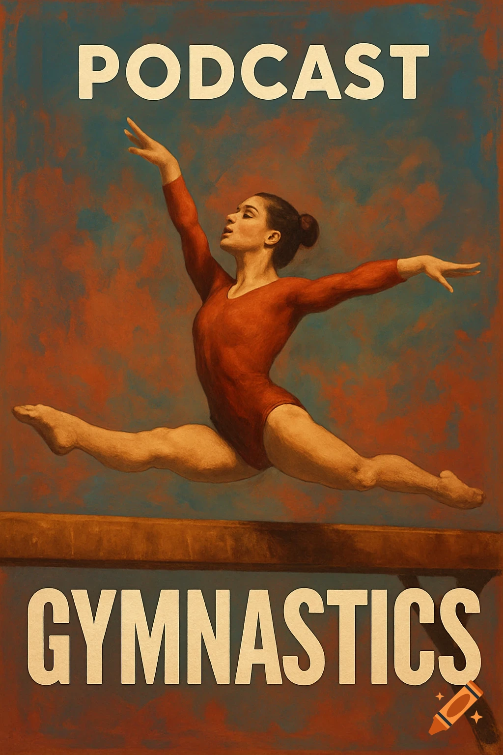 A gymnast performs a split leap on a balance beam under text reading PODCAST GYMNASTICS. Painted style.