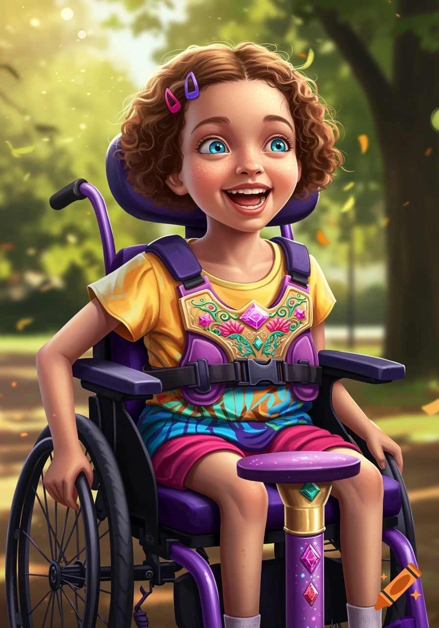 Illustrated portrait of a happy girl with curly hair in a purple wheelchair in a sunny park.