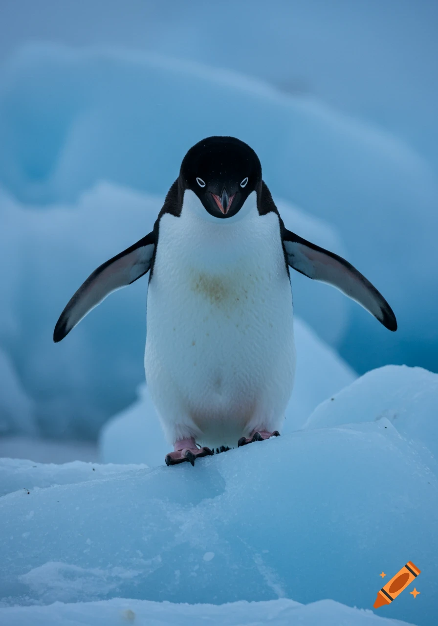 Adelie penguin stands on blue ice with wings slightly spread.