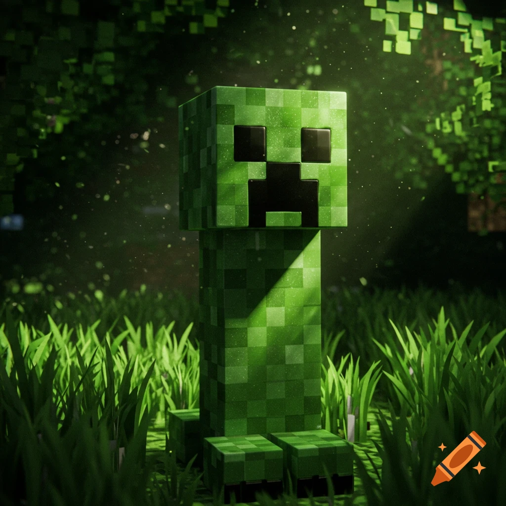 A realistic rendered Minecraft Creeper stands in tall green grass in a forest.