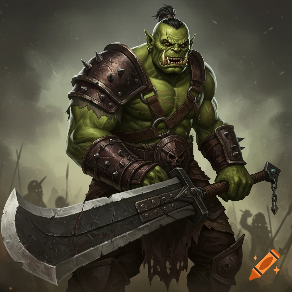 A muscular green orc in armor stands with a large sword, blurry figures in the background.