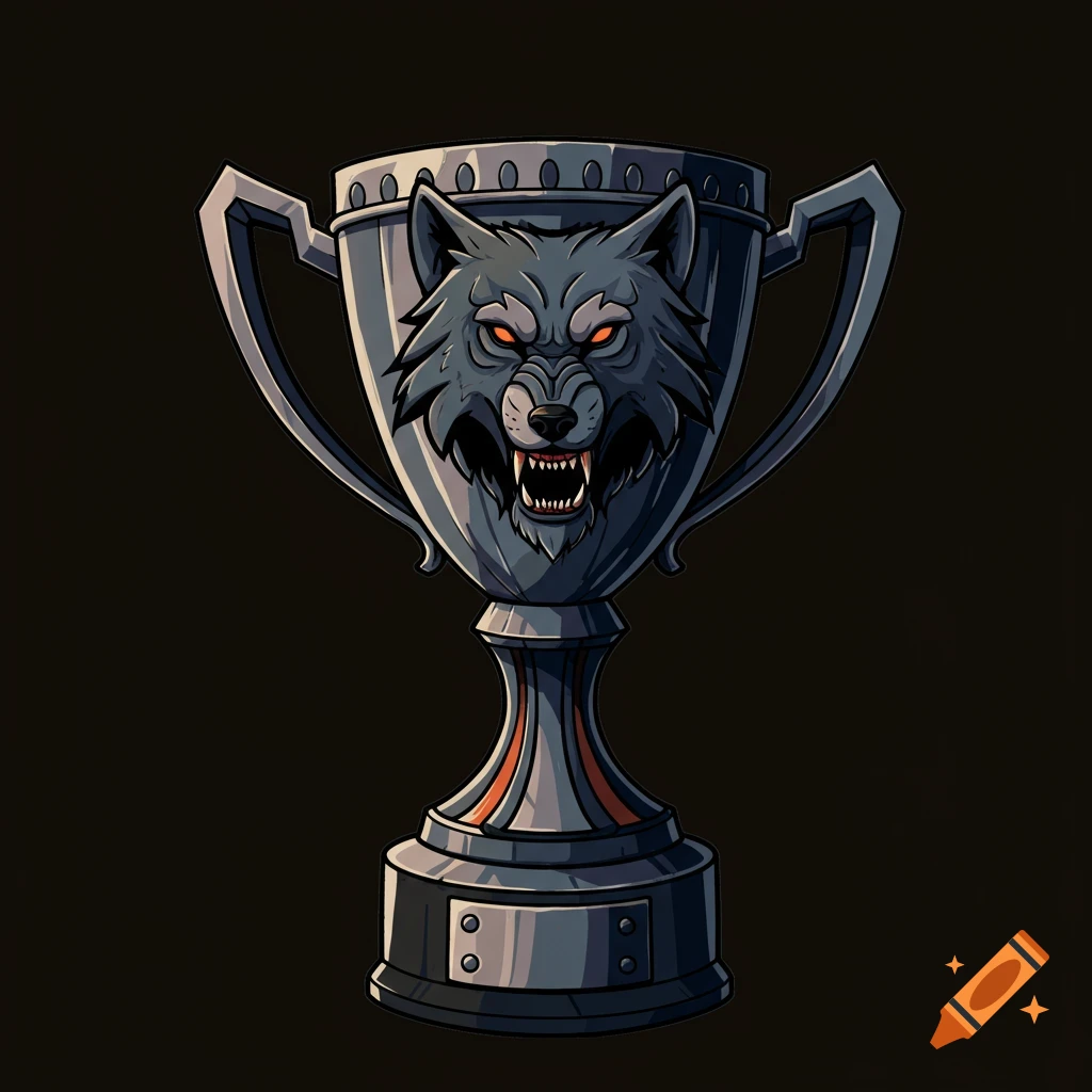 Illustration of a silver trophy with a wolf head on the front.