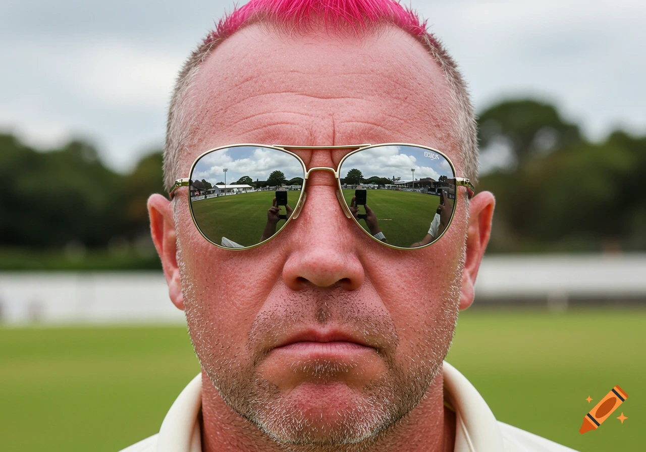 Close-up portrait of man with pink mohawk & stubble wearing sunglasses reflecting a cricket field.