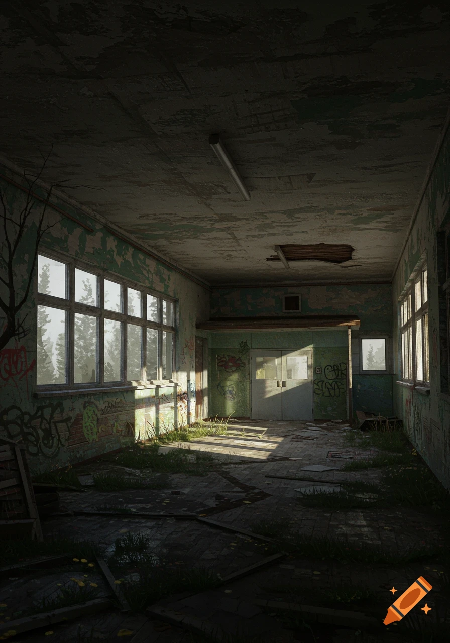 Abandoned classroom with peeling paint and graffiti, sunlight streaming through windows.