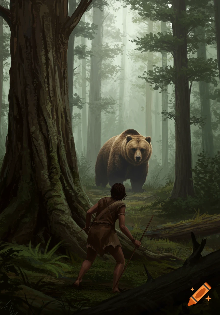 Prehistoric hunter faces large bear in foggy forest digital painting.