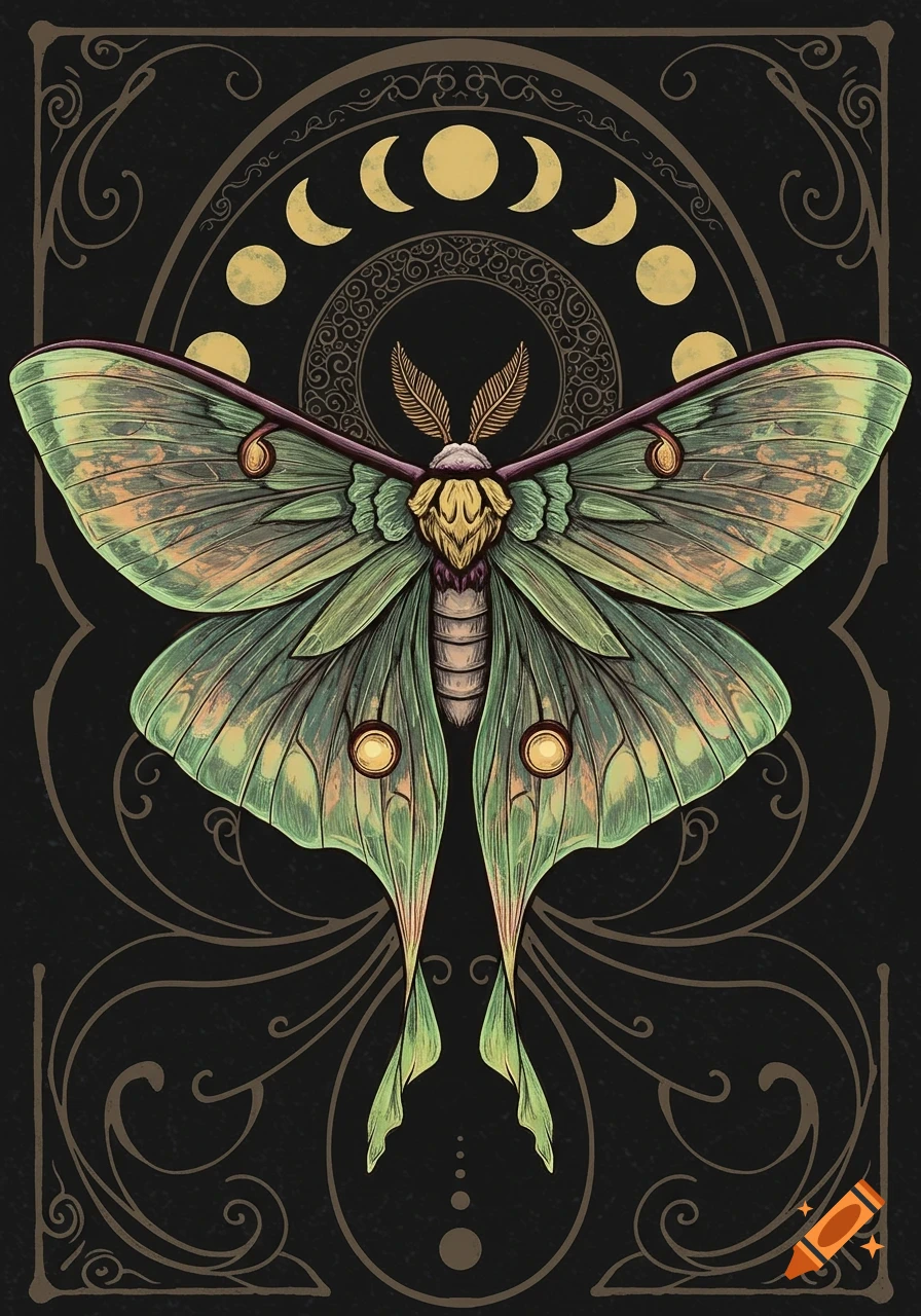 An art nouveau illustration of a luna moth with moon phases.