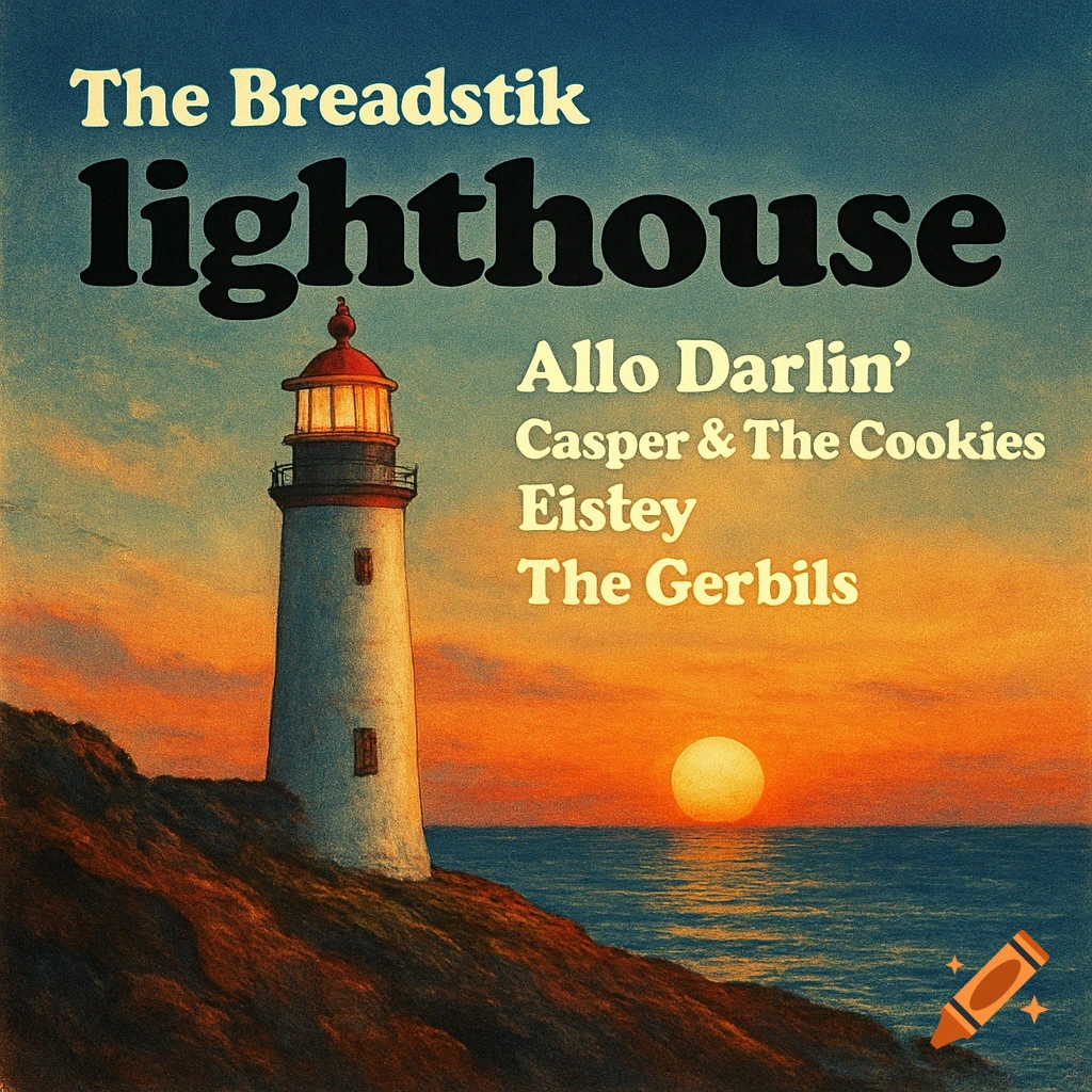 A lighthouse on a hill overlooking the ocean at sunset, with album cover text.