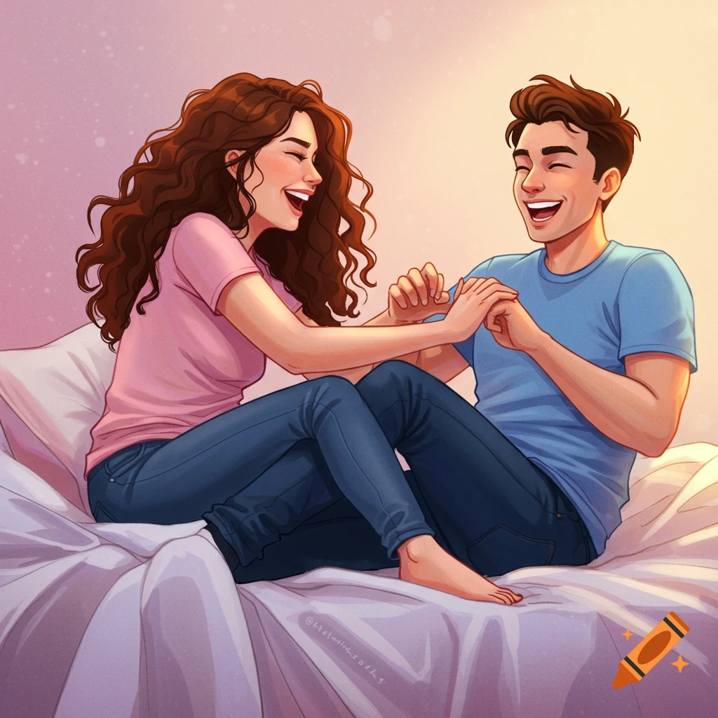 Illustration of a happy couple laughing together on a bed.