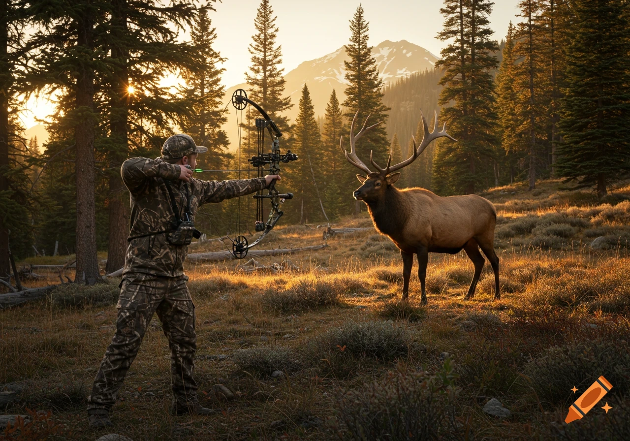 Bowhunter in camouflage aiming at a bull elk in a forest during golden hour.