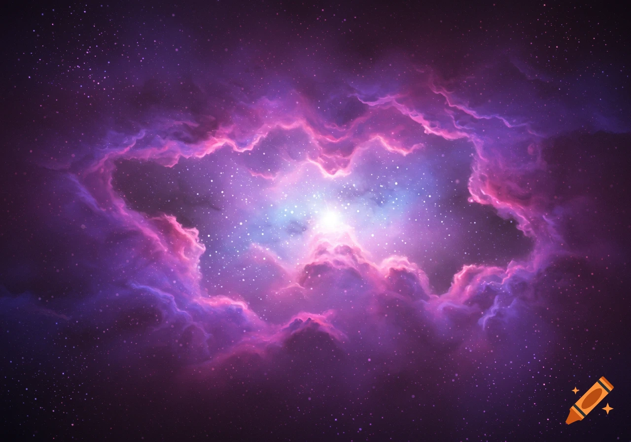 Purple and pink nebula cloud with bright stars in space
