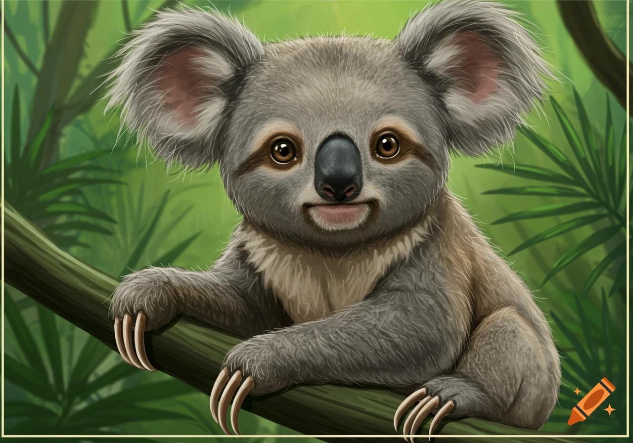 Illustration of a sloth/koala hybrid animal sitting on a tree branch in a forest.