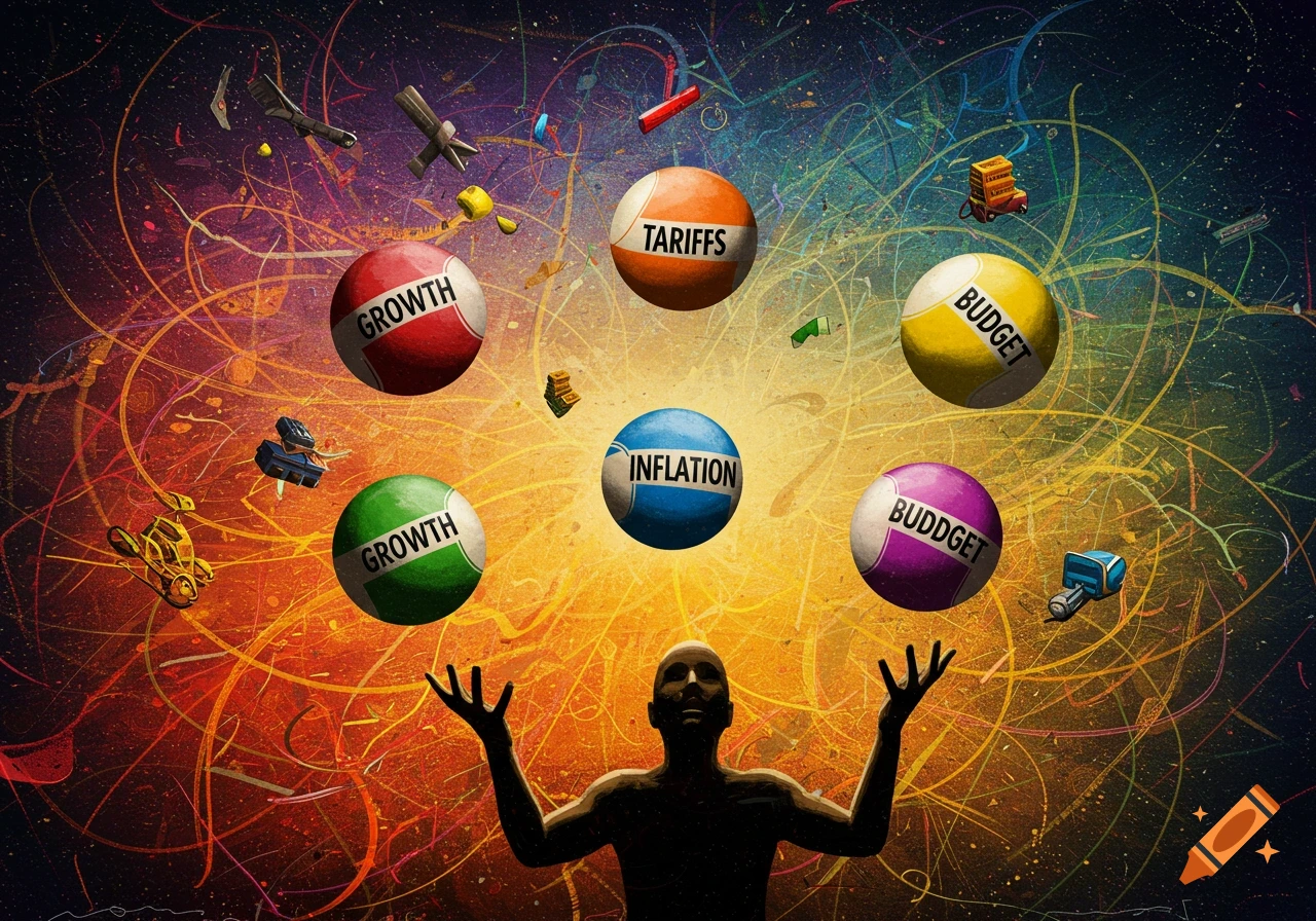 Silhouette juggling balls labeled 'growth', 'tariffs', 'inflation', 'budget' against abstract background.