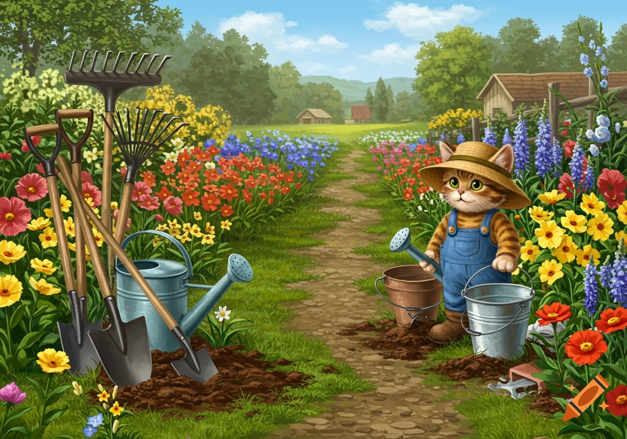 A cute kitten in overalls and a hat stands in a colorful flower garden with gardening tools.