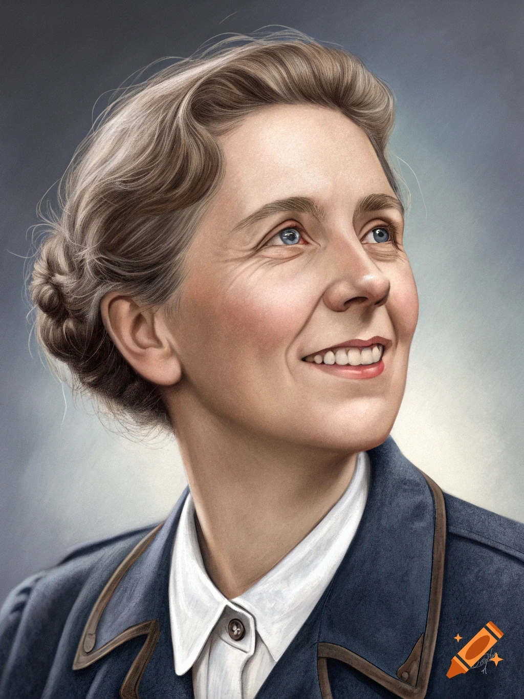 Portrait illustration of a smiling woman in a military uniform looking up.