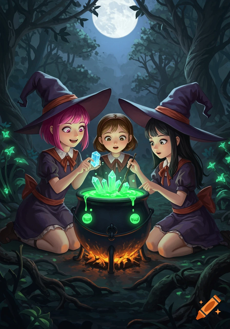Three anime style child witches gather around a glowing cauldron in a forest at night