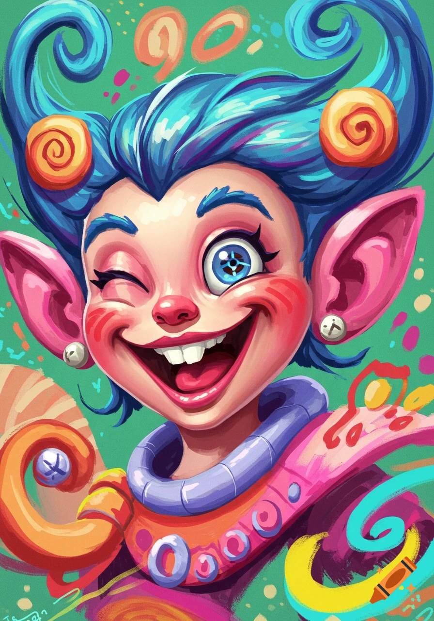 A vibrant, cartoonish character with blue hair and large ears winks and smiles.