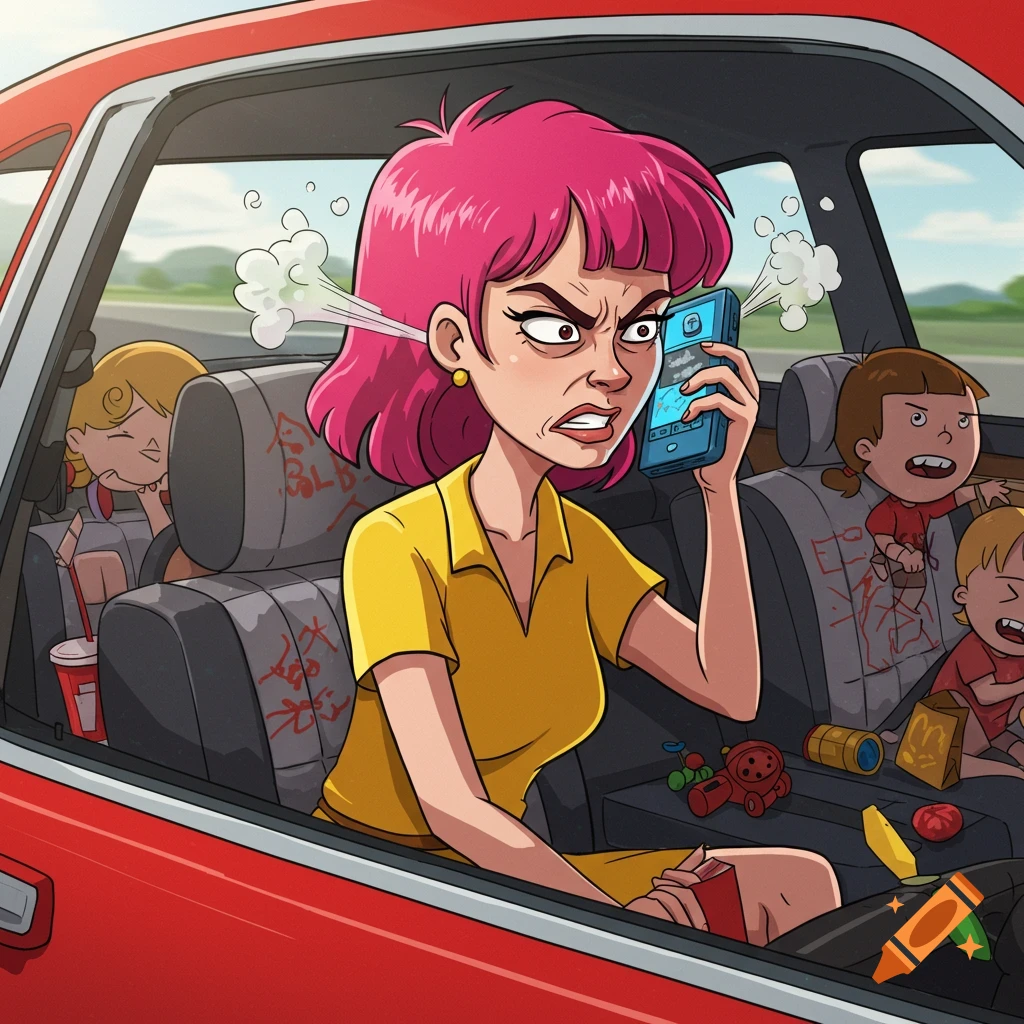 Cartoon mom with pink hair looking angry and talking on the phone while driving, with messy kids and toys in the back seat.