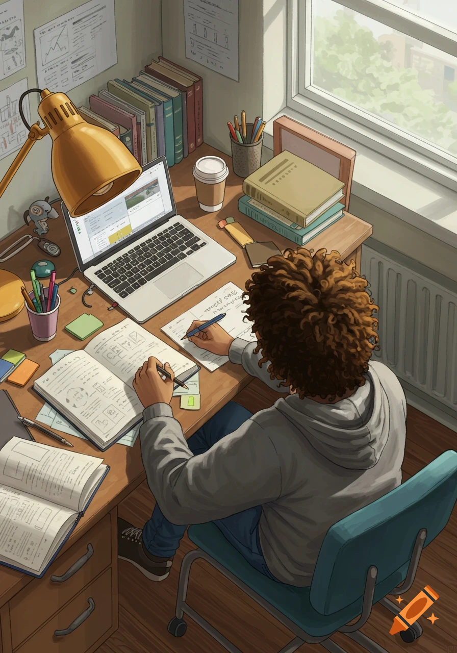 Illustrated top view of a student studying at a desk with a laptop, books, and papers.