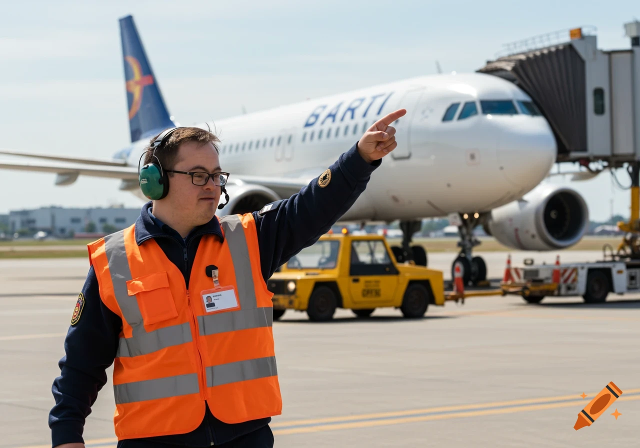 Person with Down syndrome marshalling airplane at airport