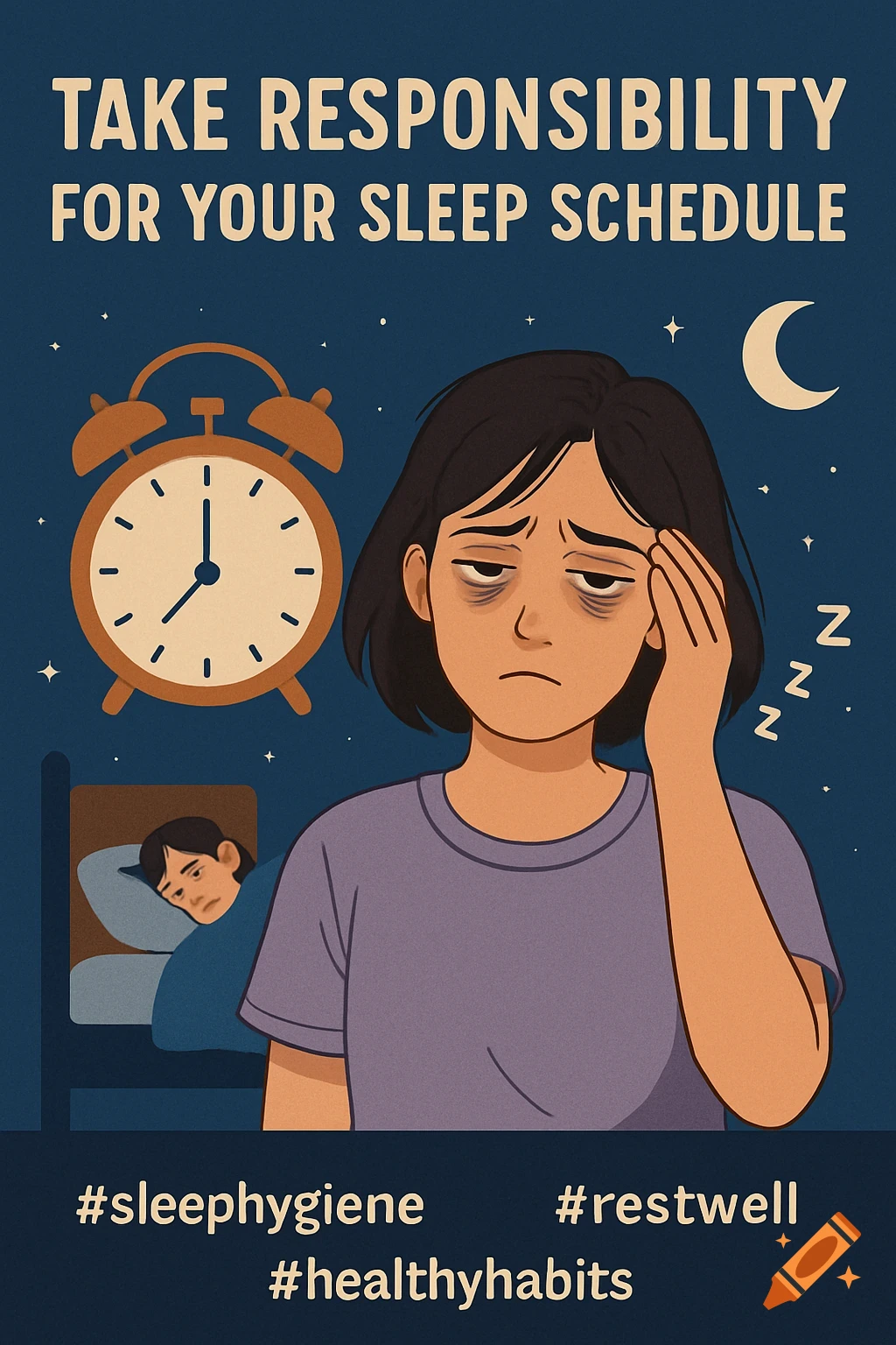 Illustration of a tired person with an alarm clock and text about sleep responsibility.
