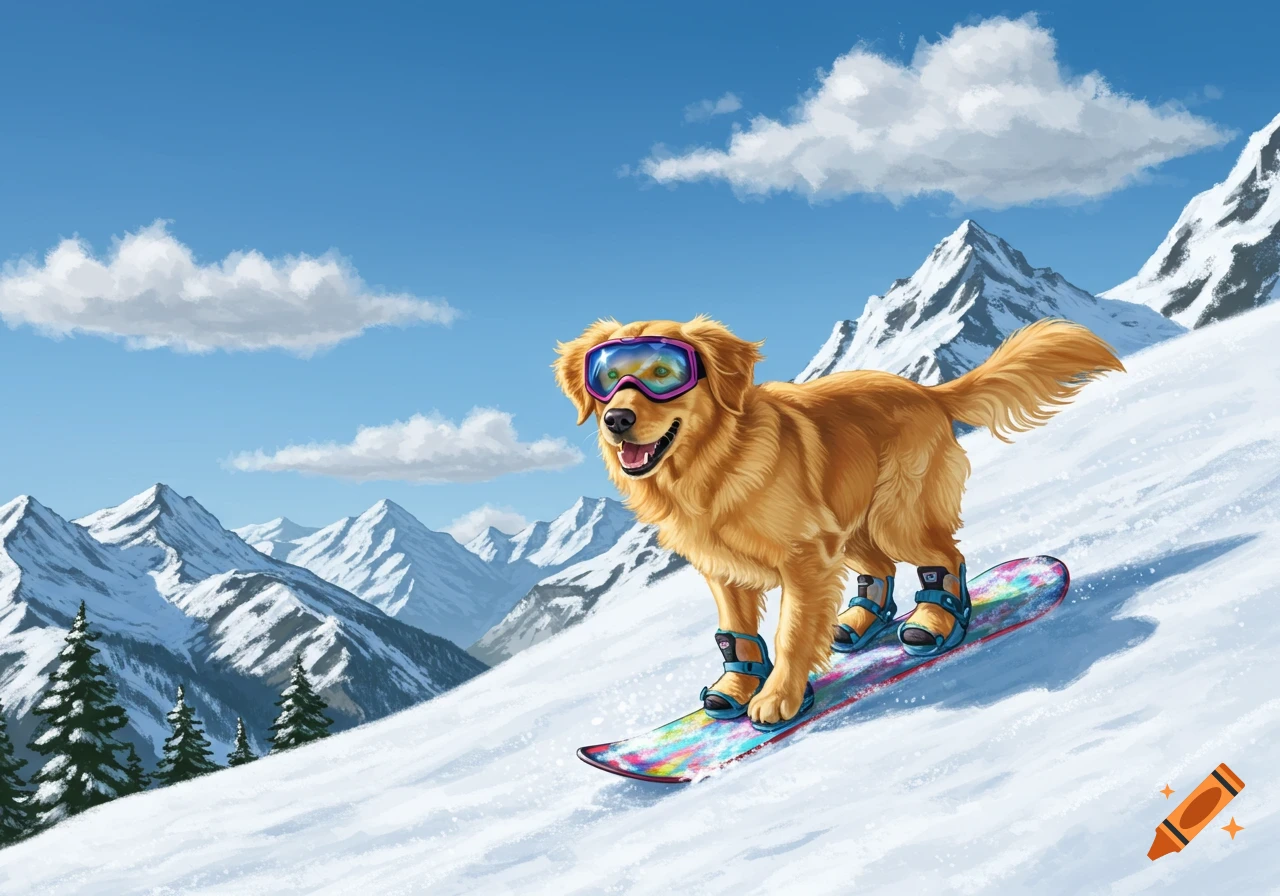 A golden retriever dog snowboarding down a snowy mountain slope.