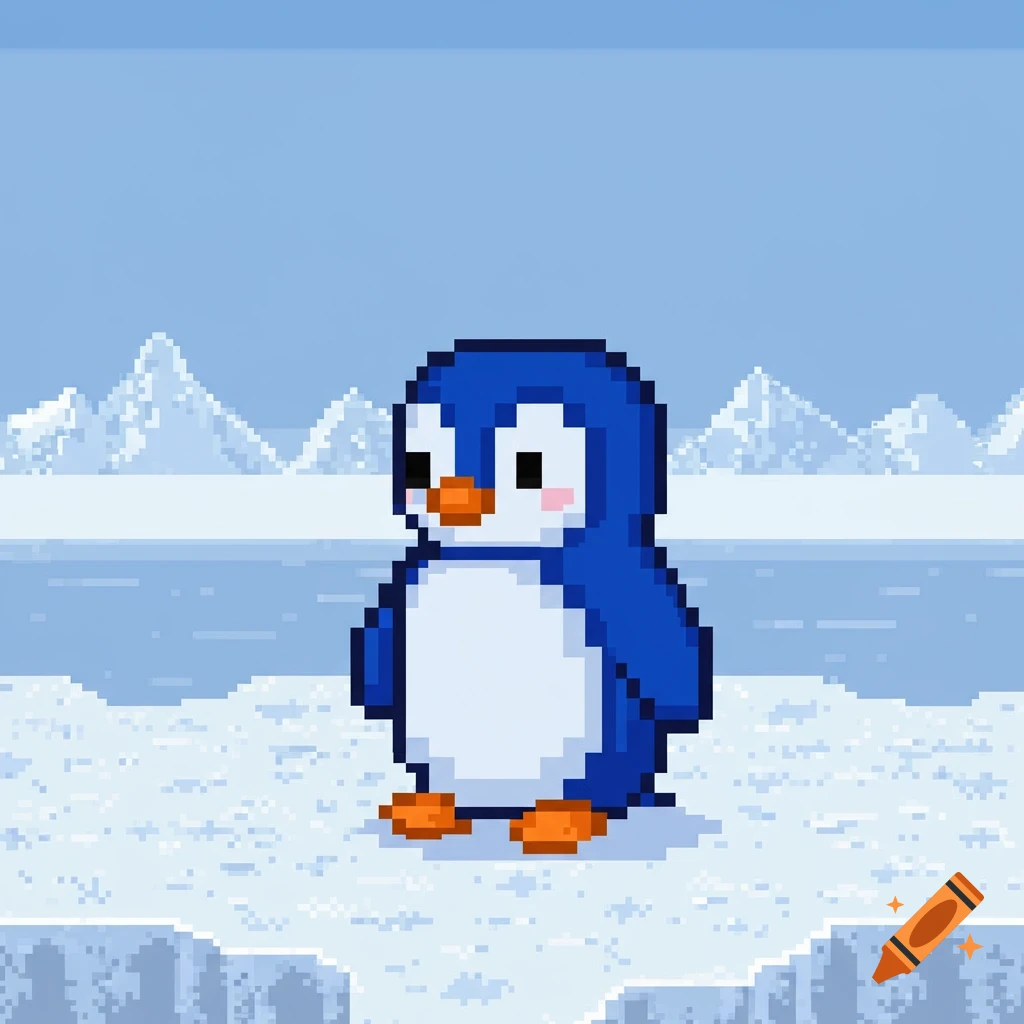 A pixel art penguin stands on ice.