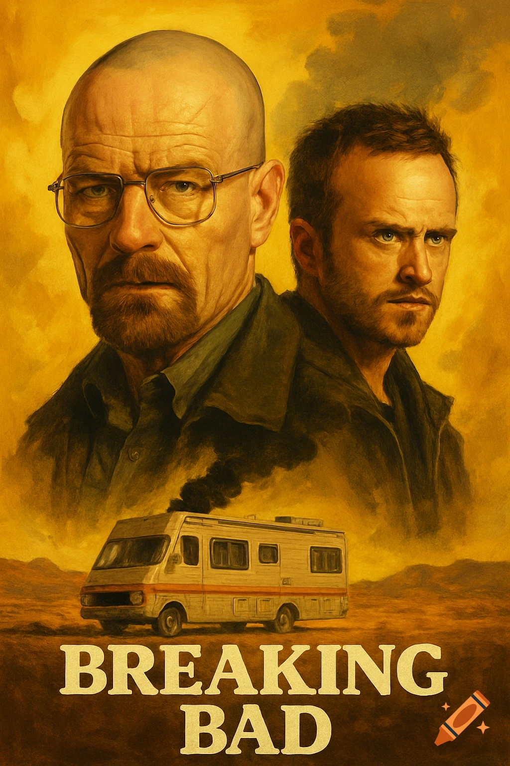 Painting of two men from Breaking Bad over a desert landscape with RV and title.