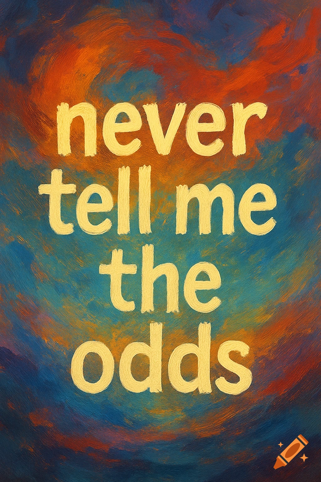 The quote "never tell me the odds" in yellow text on a textured abstract painting background.