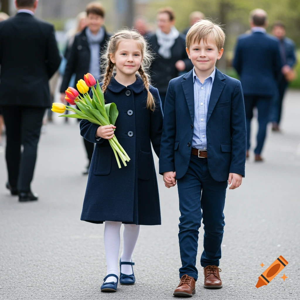 Two young children in formal attire walk hand-in-hand, the girl holding a bouquet of tulips.
