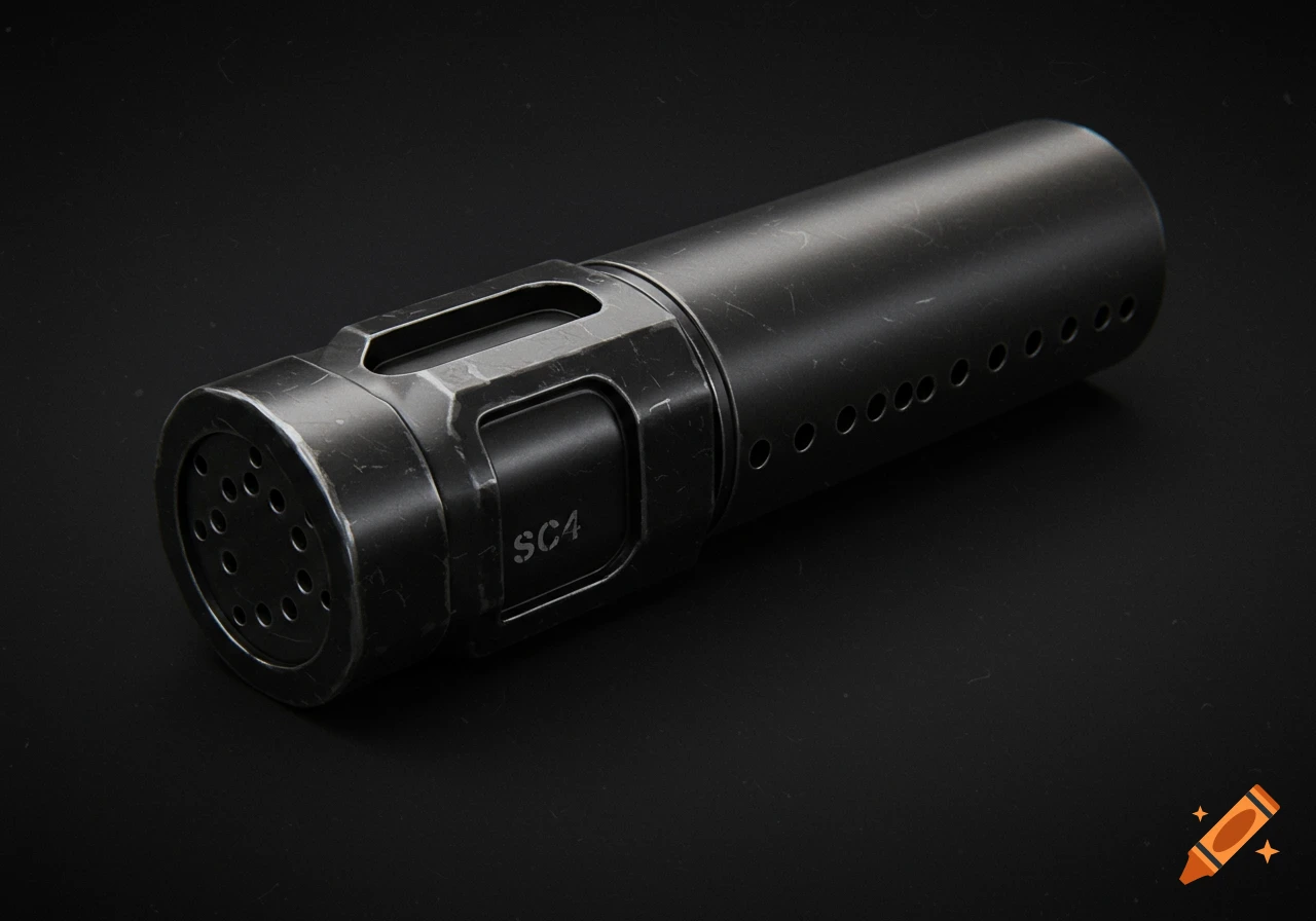 Dark metallic weapon accessory or suppressor on a black background.