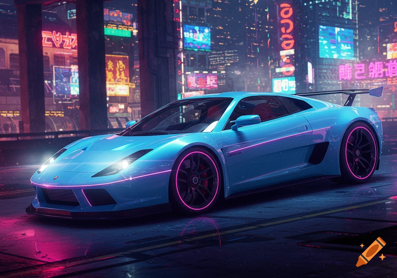 A blue sports car with pink neon lights parked on a wet street in a cyberpunk city at night.