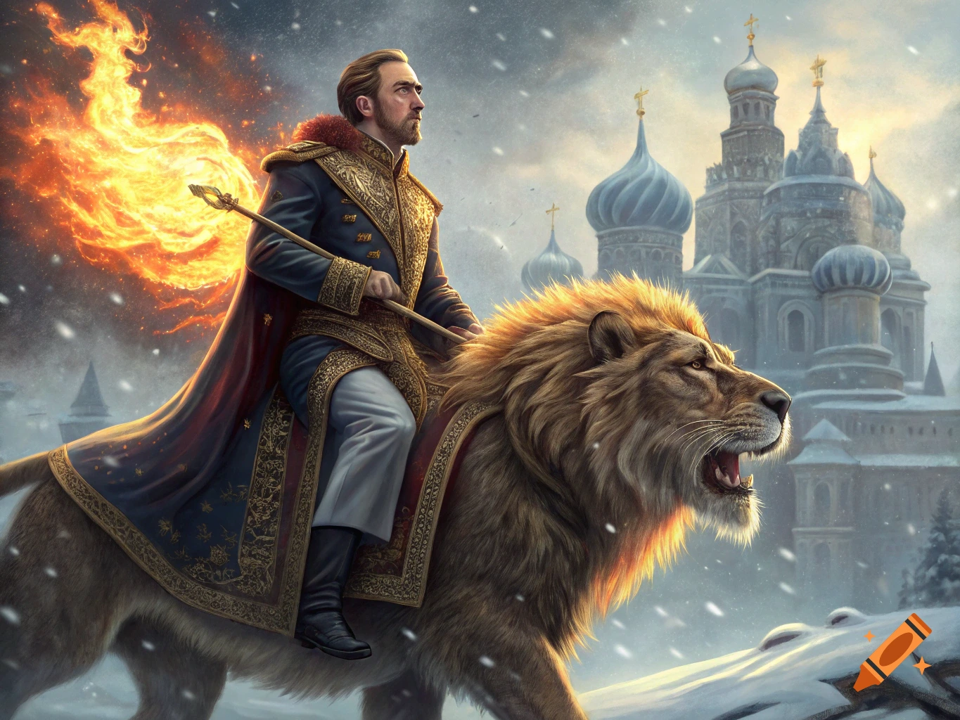 Man resembling Nicholas Cage as a czar rides a lion breathing fire in a snowy Russian landscape.