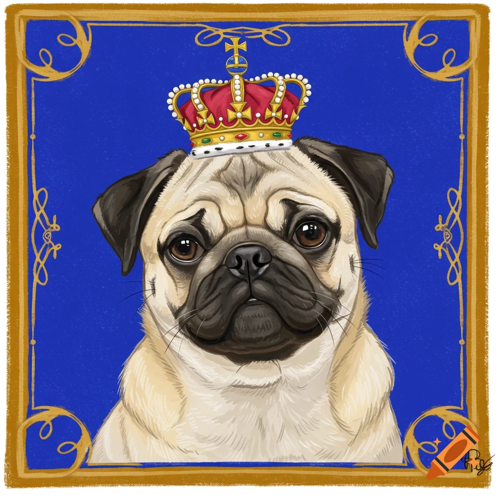 Illustration of a pug dog wearing a jeweled crown in a gold frame
