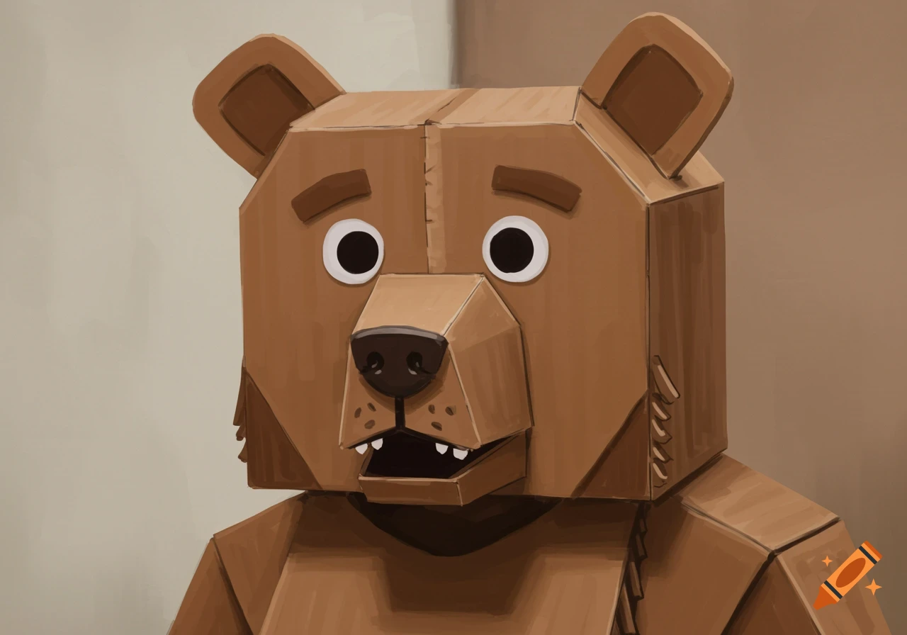 A close-up illustration of a handmade cardboard bear costume head.