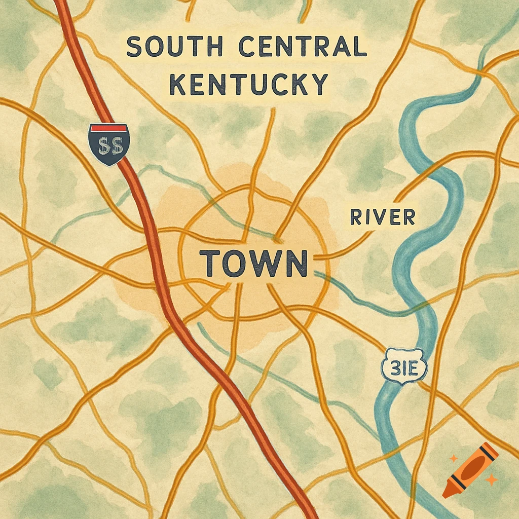 A stylized map of a town in South Central Kentucky showing roads, a river, and labels like TOWN and RIVER.