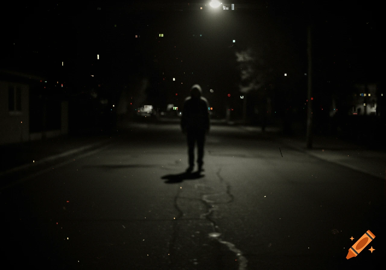 Blurry figure stands alone under a street light on a dark, grainy street.