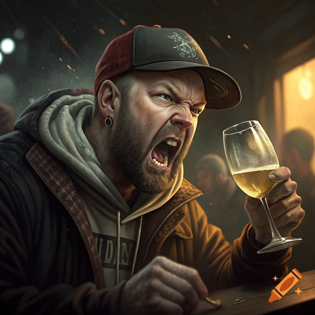 Man in cap with angry expression holds a glass of wine in a bar, realistic style.