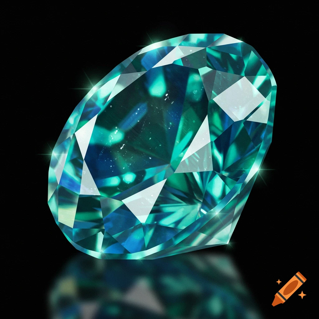 Teal gemstone with facets on black background.
