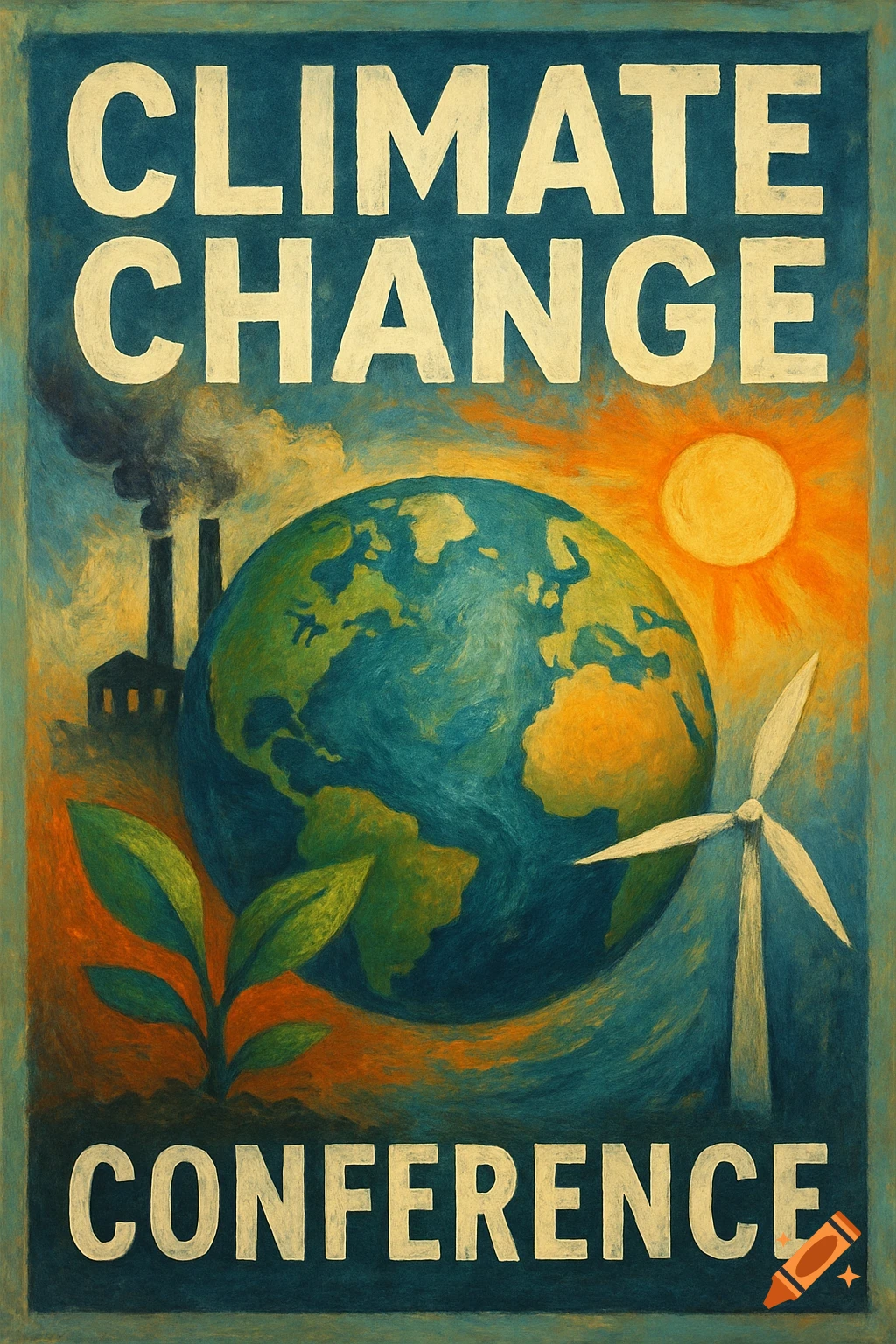 Poster for a climate change conference with Earth, factory, wind turbine, and plant.